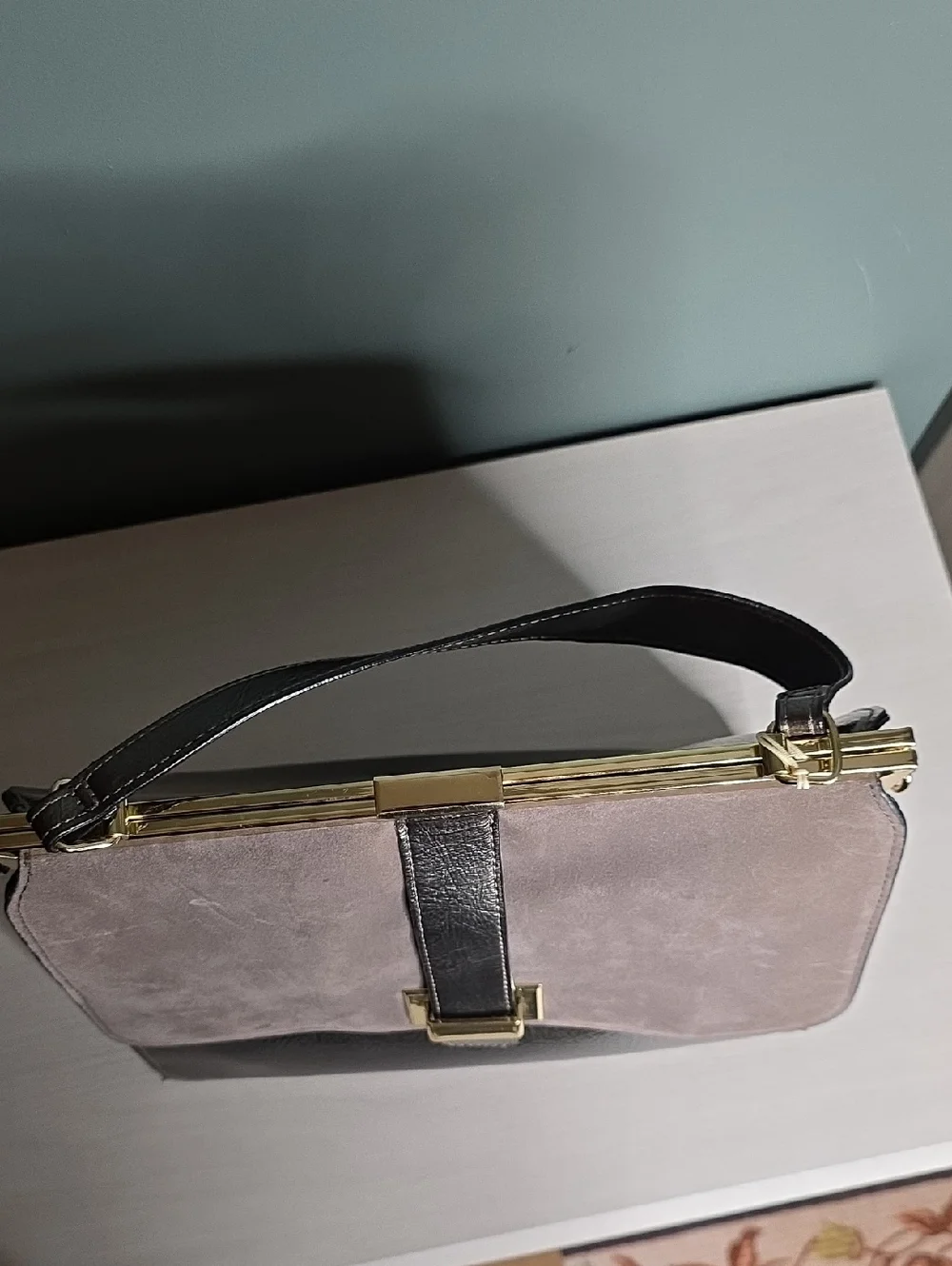 Ganni Two-Tone Gray Suede & Metallic Top-Handle Bag Lady Frame Satchel NWT